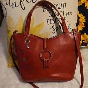 Fossil Red Brown Leather Shoulder Bag with Key Charm